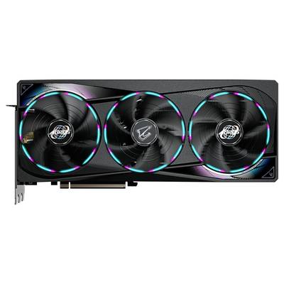 Eine Grafikkarte mit drei großen Lüftern und leuchtenden LED-Ringen, die für leistungsstarkes Gaming oder professionelle Anwendungen geeignet ist.