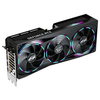 Grafikkarte mit drei Lüftern, LED-Beleuchtung und der Aufschrift 'GEFORCE RTX' sowie 'AORUS'.
