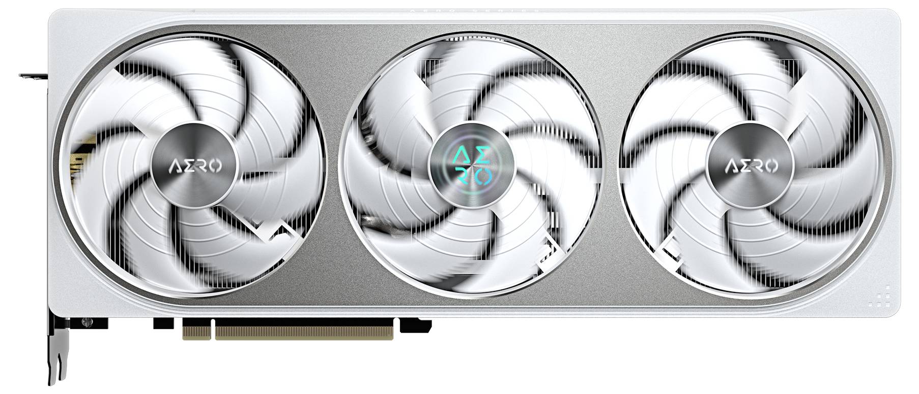 Drei große Lüfter einer Computer-Grafikkarte in silberweißem Design.