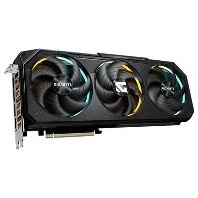 Eine schwarze Grafikkarte mit drei Ventilatoren der Marke Gigabyte. Sie hat ein modernes Design und ist für Computer gedacht.