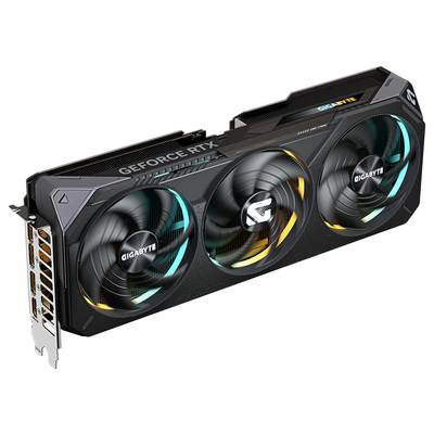 Gaming-Grafikkarte 'GeForce RTX' von Gigabyte mit drei Lüftern, schwarzem Gehäuse und RGB-Beleuchtung, geeignet für leistungsstarken PC.