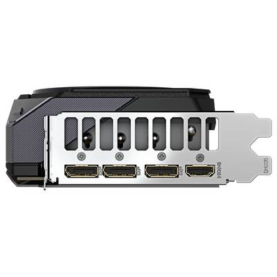 'Grafikkarte mit vier HDMI-Anschlüssen und einem PCIe-Steckplatz, Rückansicht. Schwarz-silbernes Design, geeignet für leistungsstarke Computer.'