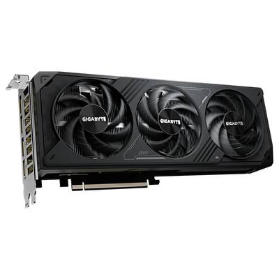 Eine schwarze Grafikkarte mit drei großen Lüftern und dem Markennamen 'GIGABYTE' auf jedem Lüfter.