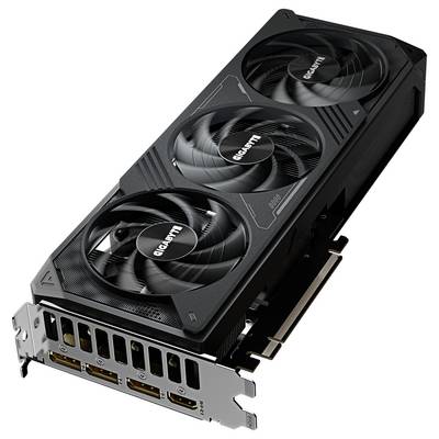 Eine schwarze Grafikkarte von Gigabyte mit drei Kühlventilatoren und mehreren Anschlüssen, die für leistungsstarke Computer geeignet ist.