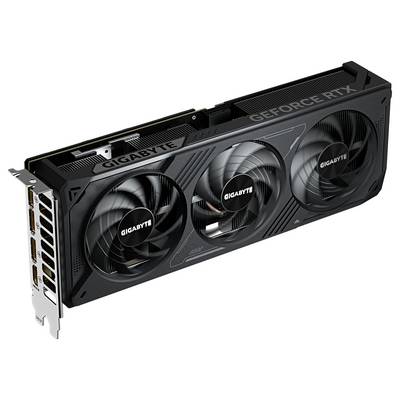 Schwarze Gigabyte GeForce RTX Grafikkarte mit drei Lüftern und mehreren Anschlussmöglichkeiten.