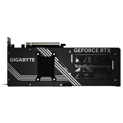 Grafikkarte von Gigabyte mit schwarzem Gehäuse und weißem Streifenmuster, Modell 'GEFORCE RTX' sichtbar.