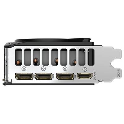 Rückansicht einer Grafikkarte mit fünf Videoanschlüssen: drei DisplayPort-Anschlüsse und zwei HDMI-Anschlüsse.