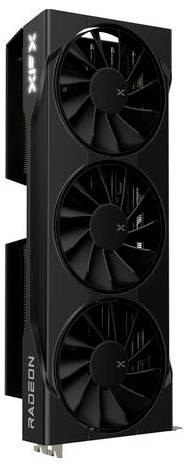 Eine schwarze Grafikkarte mit drei Lüftern und der Aufschrift 'RADEON' an der Seite.