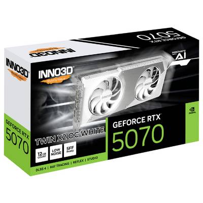 Grafikkartenverpackung der 'GeForce RTX 5070' von INNO3D, Modell 'TWIN X2 OC White', mit Details zu DLSS 4, Ray Tracing und mehr.