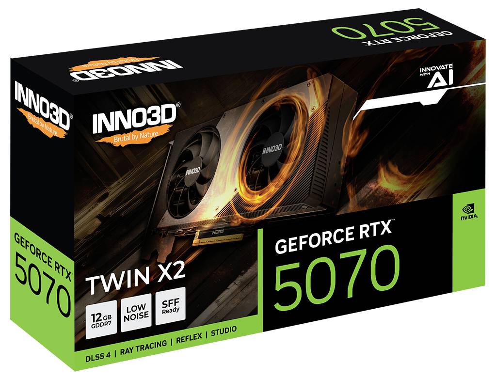 'Verpackung einer INNO3D GeForce RTX 5070 Grafikkarte, zeigt zwei Lüfterdesign, Schlagworte wie DLSS 4 und Ray Tracing werden hervorgehoben.'
