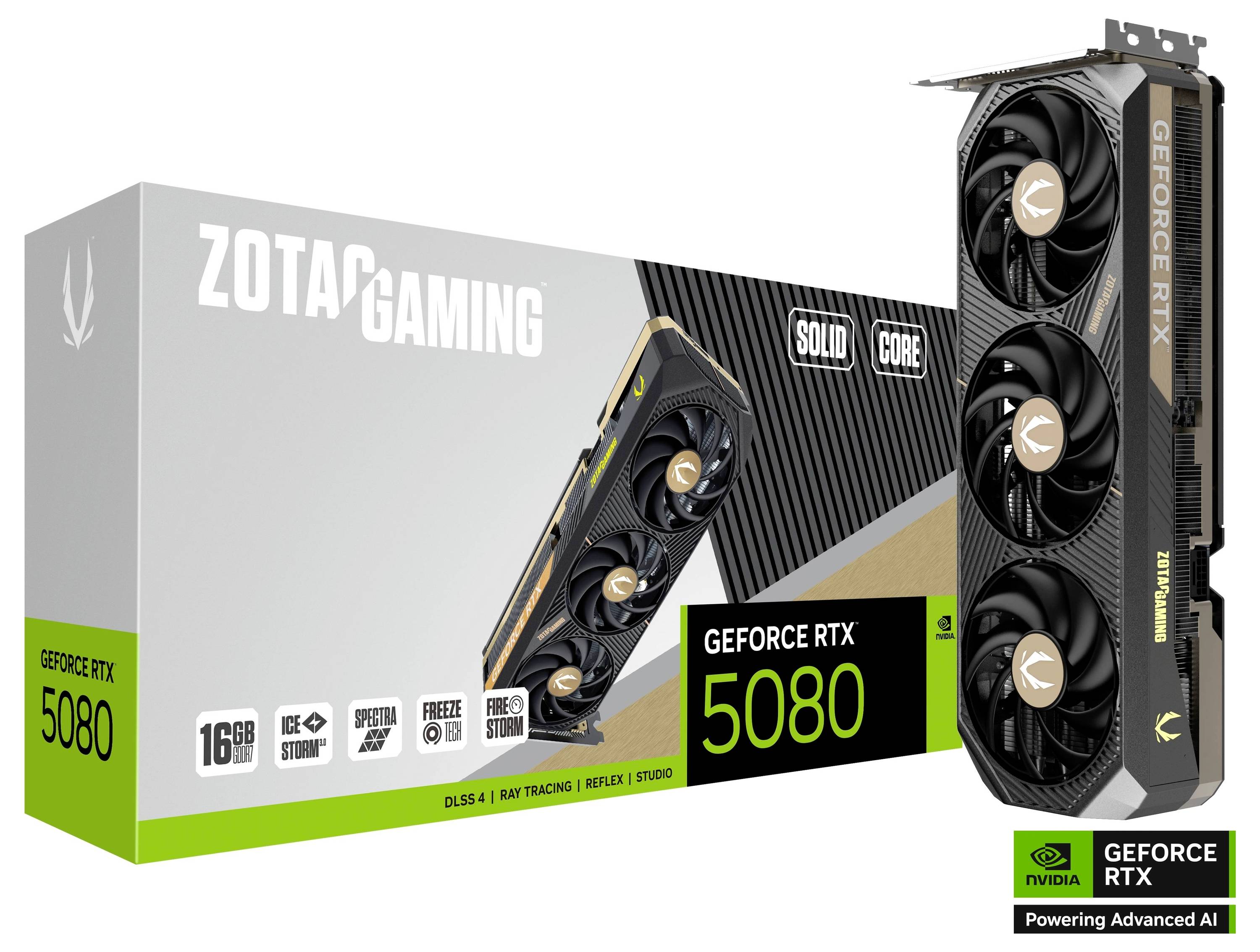 Eine Zotac-Gaming-Grafikkarte GeForce RTX 5080 mit Verpackung. Die Karte hat drei Lüfter und ist schwarz mit goldenen Akzenten.