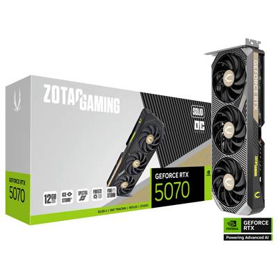 Verpackung und Grafikkarte der Zotac Gaming GeForce RTX 5070 mit 12GB, DLSS 4, Ray Tracing, Freezo Strom und Ice Storm-Kühlung.