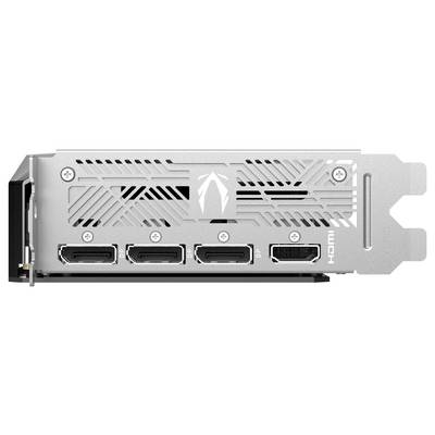 Vier HDMI-Anschlüsse und ein PCIe-Anschluss an der Rückseite einer Grafikkarte. Lüftungsgitter mit Pfeilmuster oberhalb der Anschlüsse.