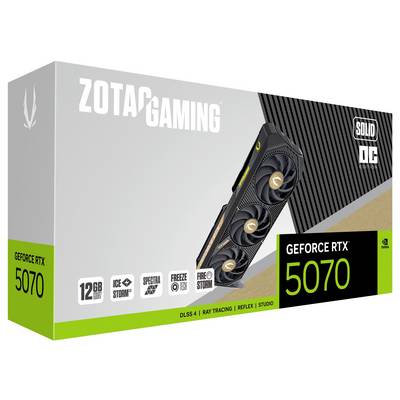 Verpackung einer ZOTAC GAMING GeForce RTX 5070 Grafikkarte mit 12 GB GDDR6X, DLSS 4 und weiteren technischen Spezifikationen.