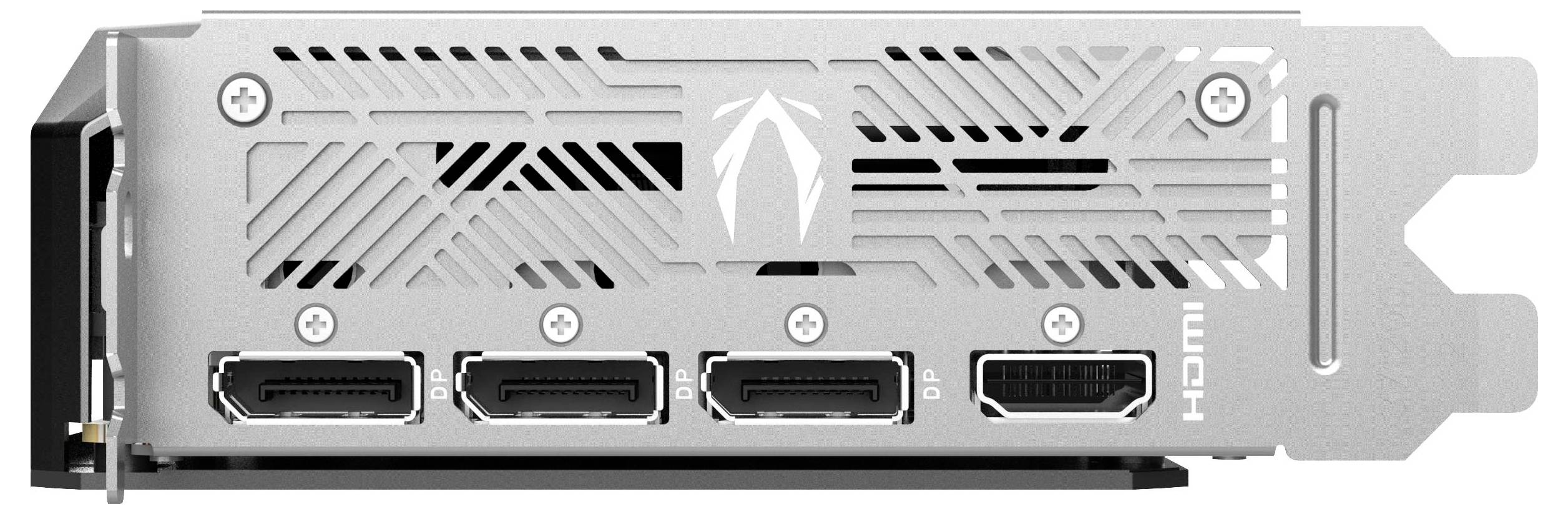 'Grafikkarte Rückseite mit vier Videoausgängen: drei DisplayPorts und ein HDMI-Anschluss. Herstellerlogo und Lüftungsschlitze sichtbar.'