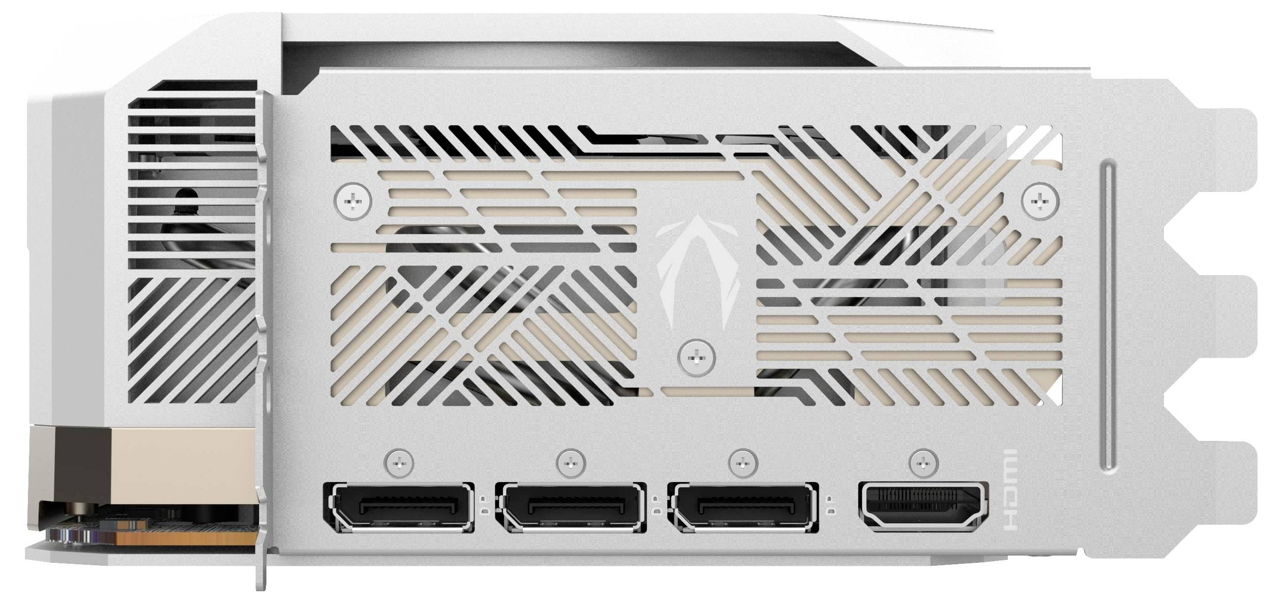 Weiße Grafikkarte mit drei DisplayPort-Anschlüssen, einem HDMI-Anschluss und einem Lüfter mit Lüftungsschlitzen.