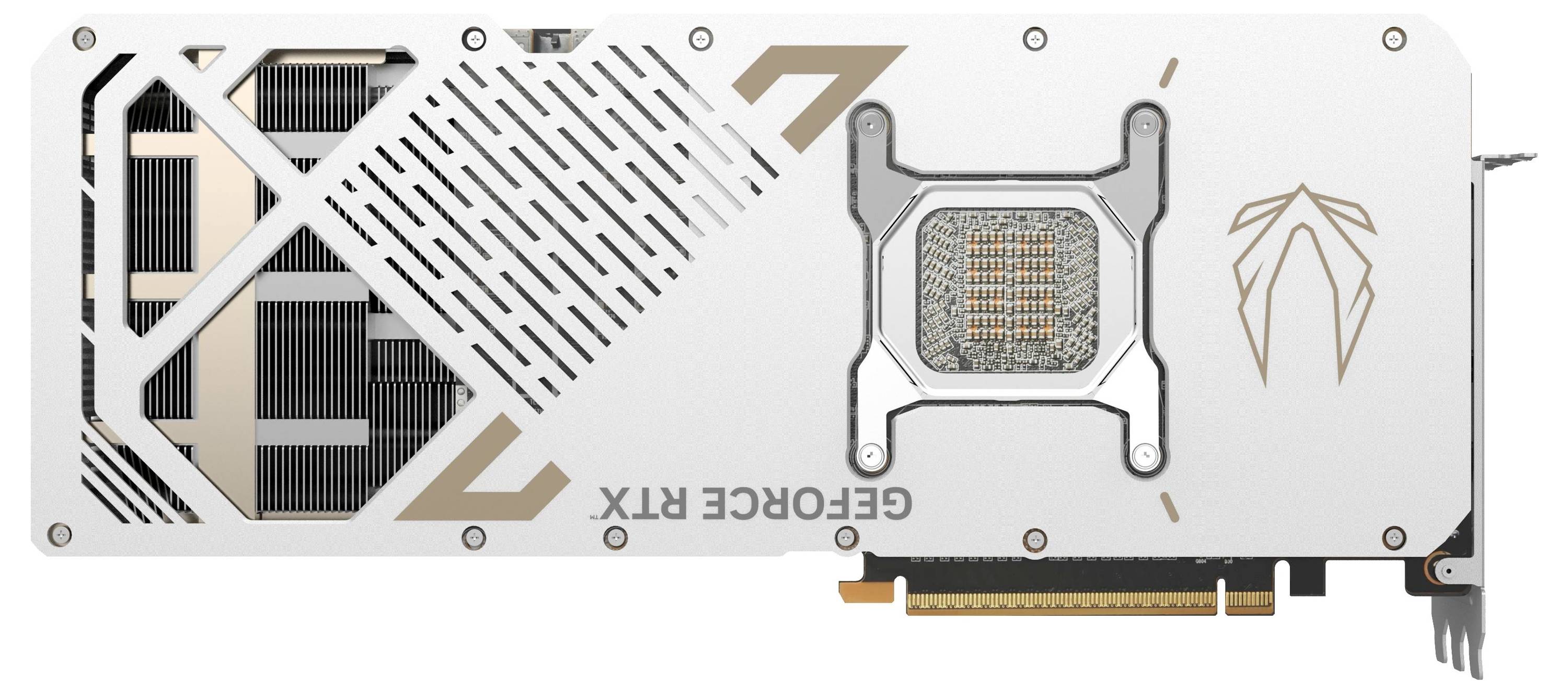 Grafikkarte in heller Farbgebung, mit auffälligem Lüfterdesign und 'GEFORCE RTX'-Beschriftung. Rückseite zeigt Platine und Kühlsystem.