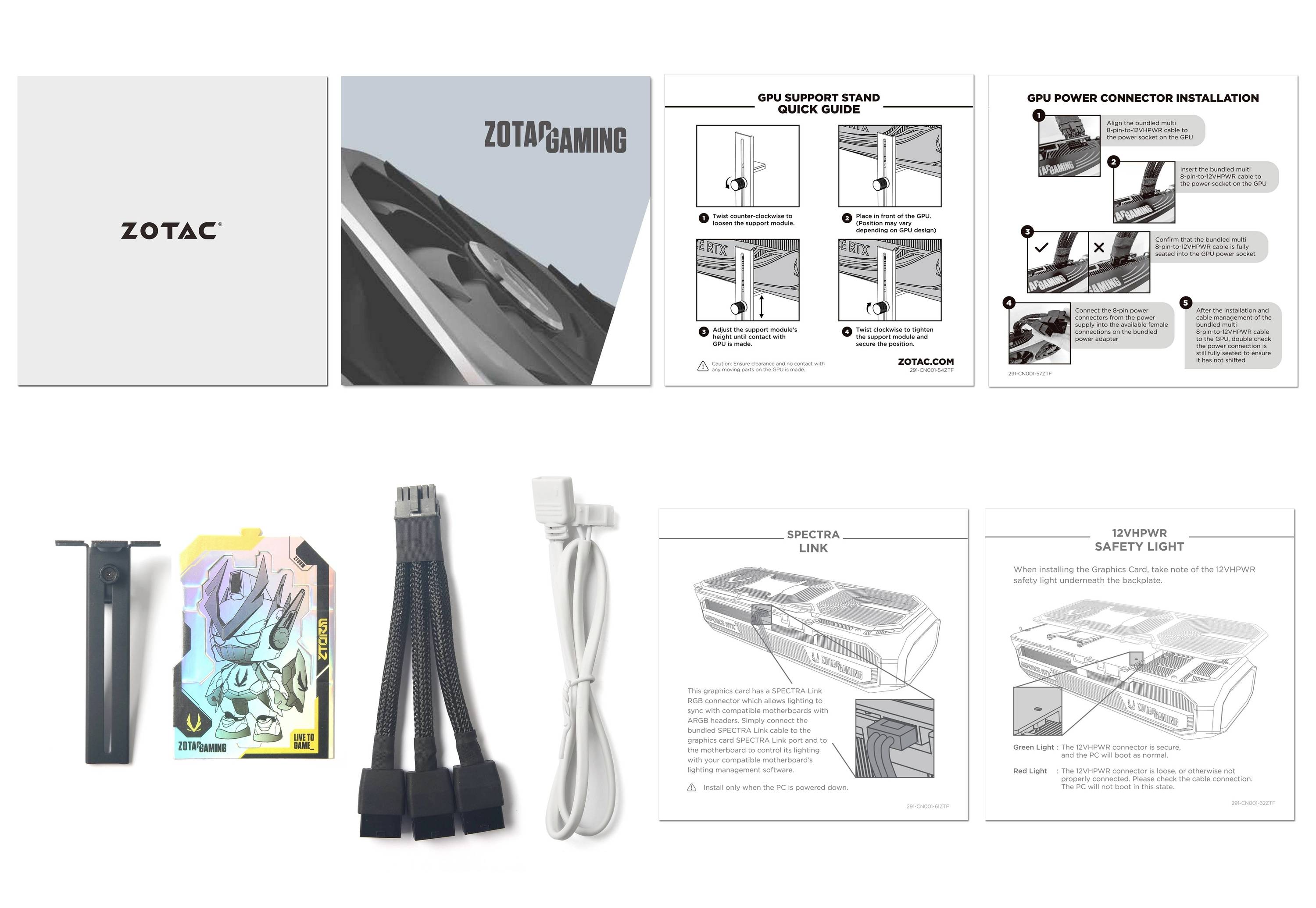 'Verpackung für ZOTAC Grafikkarte mit Anleitung, Kabeln und Zubehör. Zeigt Montageanleitung und wichtigen Sicherheitshinweis.'