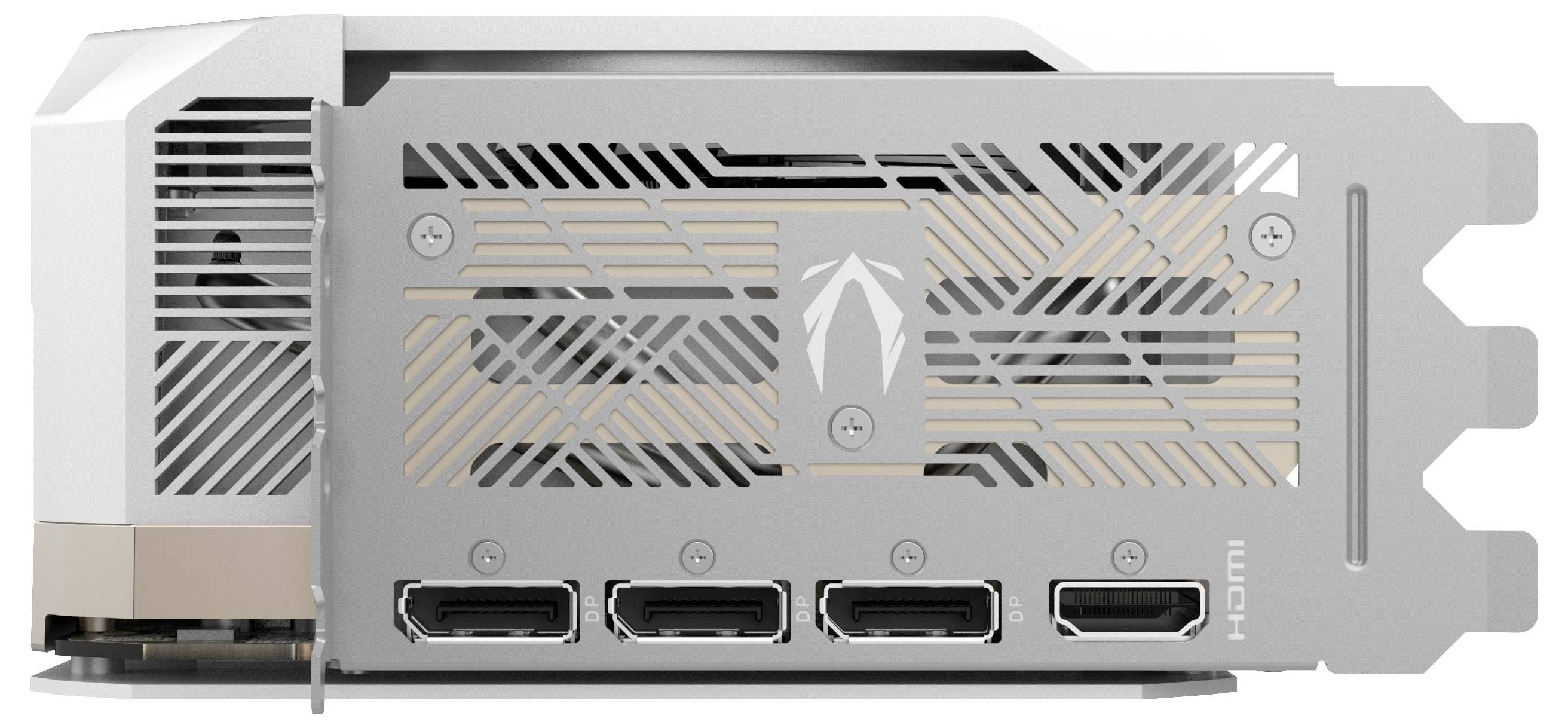 Weiße Grafikkarte mit fünf Anschlüssen an der Rückseite, einschließlich HDMI. Das Design zeigt ein stilisiertes Logo in der Mitte.