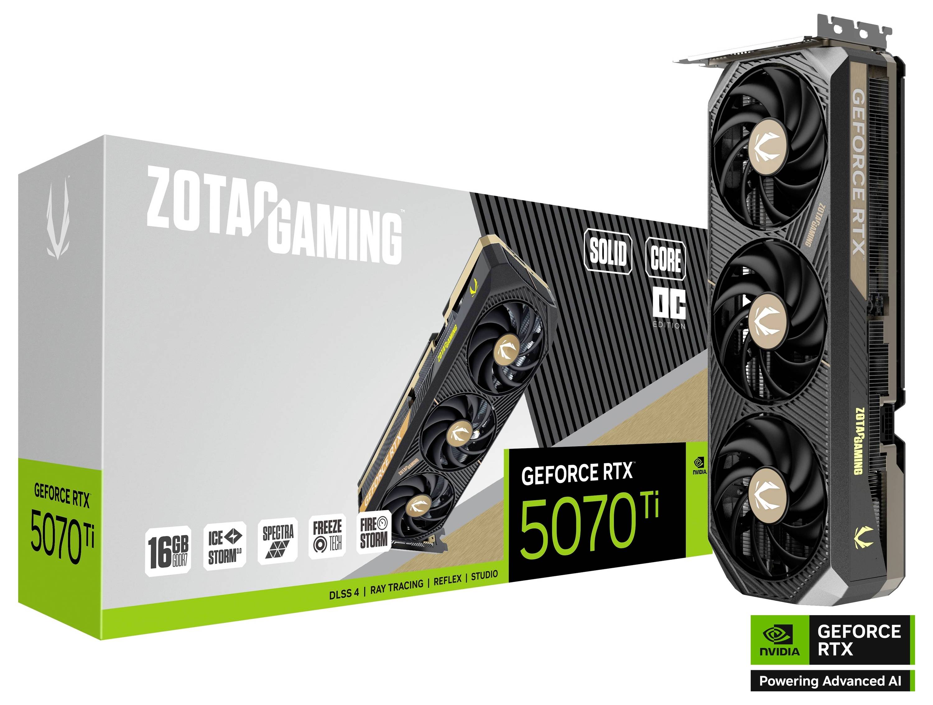 ZOTAC GAMING GeForce RTX 5070 Ti Grafikkarte, dreifacher Lüfter, 16 GB Speicher, VR-fähig, geeignet für KI und Raytracing-Anwendungen.