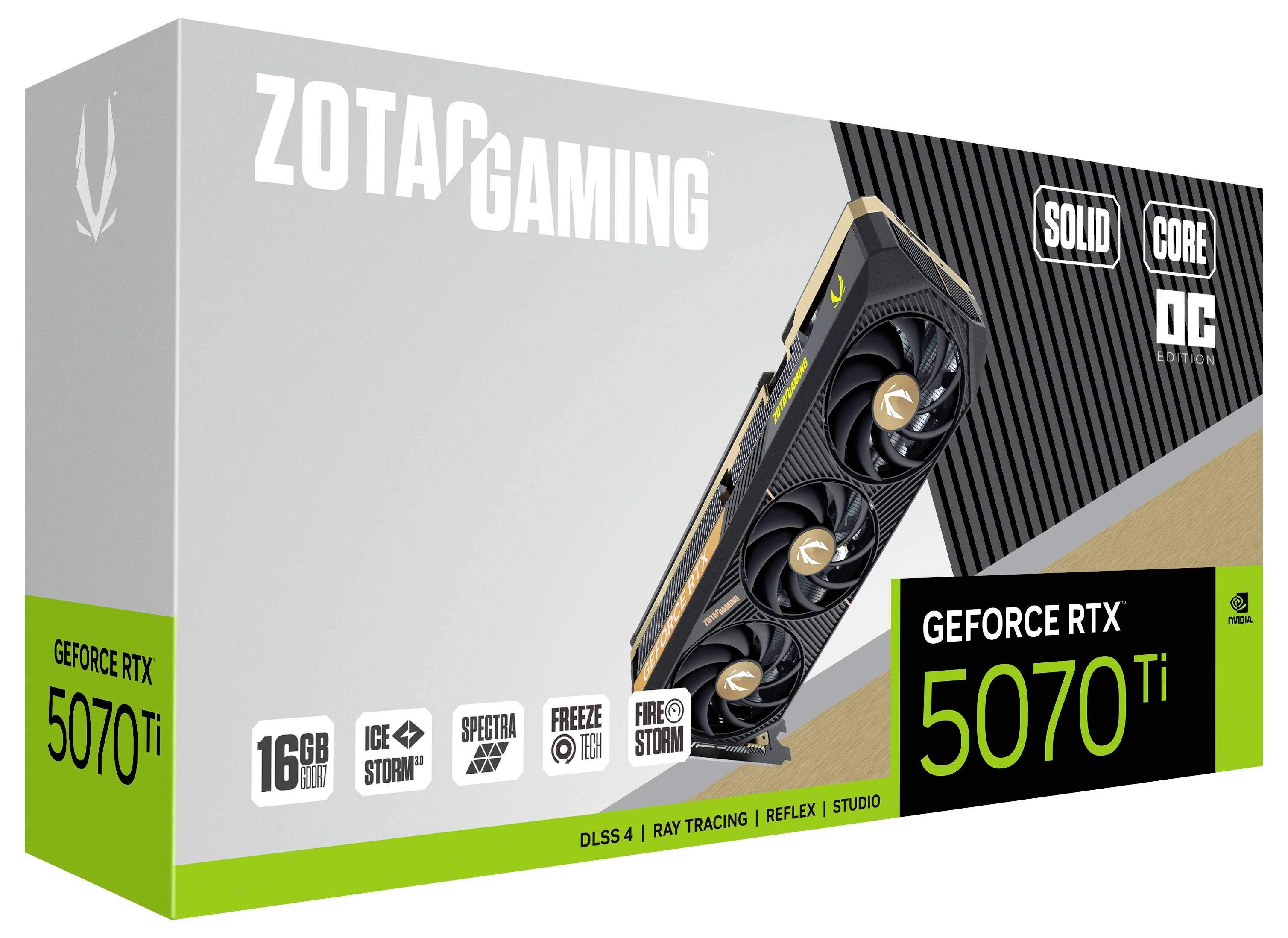 'Verpackung einer ZOTAC GAMING GeForce RTX 5070 Ti Grafikkarte mit 16 GB. Hervorgehobene Features: DLSS 4, Ray Tracing, IceStorm 3.0.'