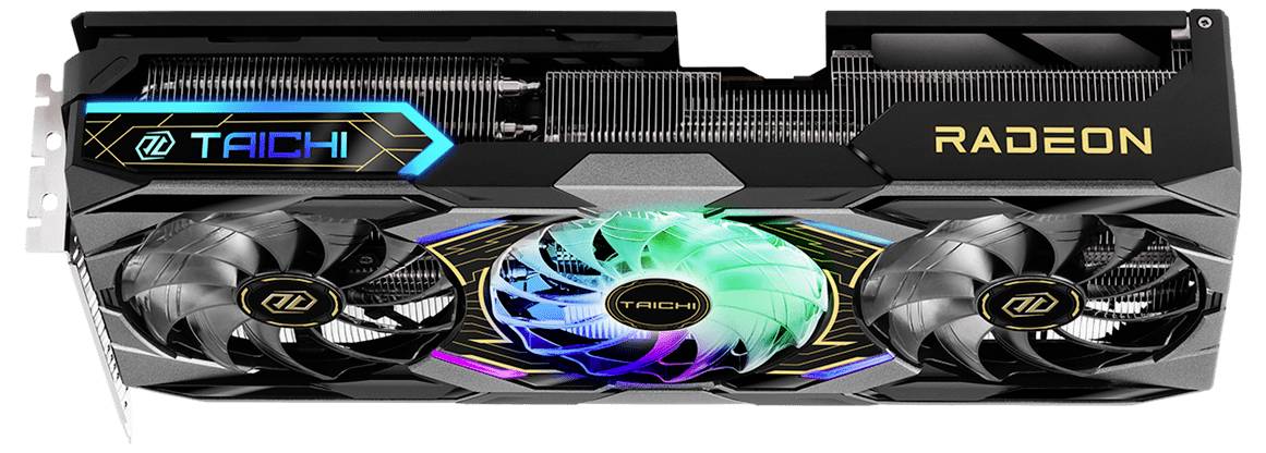 Eine schwarze Grafikkarte mit drei Lüftern; der mittlere Lüfter leuchtet in Regenbogenfarben; Aufschrift: 'TAICHI' und 'RADEON'.