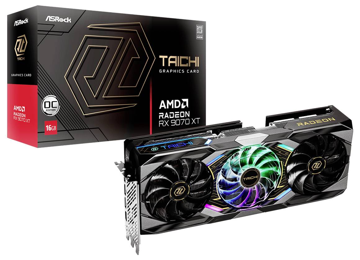 Grafikkarte ASRock Taichi Radeon RX 7900 XT mit drei Lüftern und RGB-Beleuchtung vor der Verpackung gezeigt.