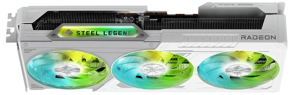 Weiße Grafikkarte mit leuchtendem 'Steel Legend'-Logo und drei bunten Lüftern. Modell: Radeon.