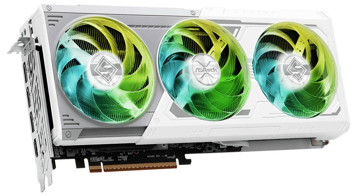 Eine Grafikarte von ASRock mit drei großen Lüftern in Grün und Gelb. Sie ist weiß und für leistungsstarke Computer geeignet.