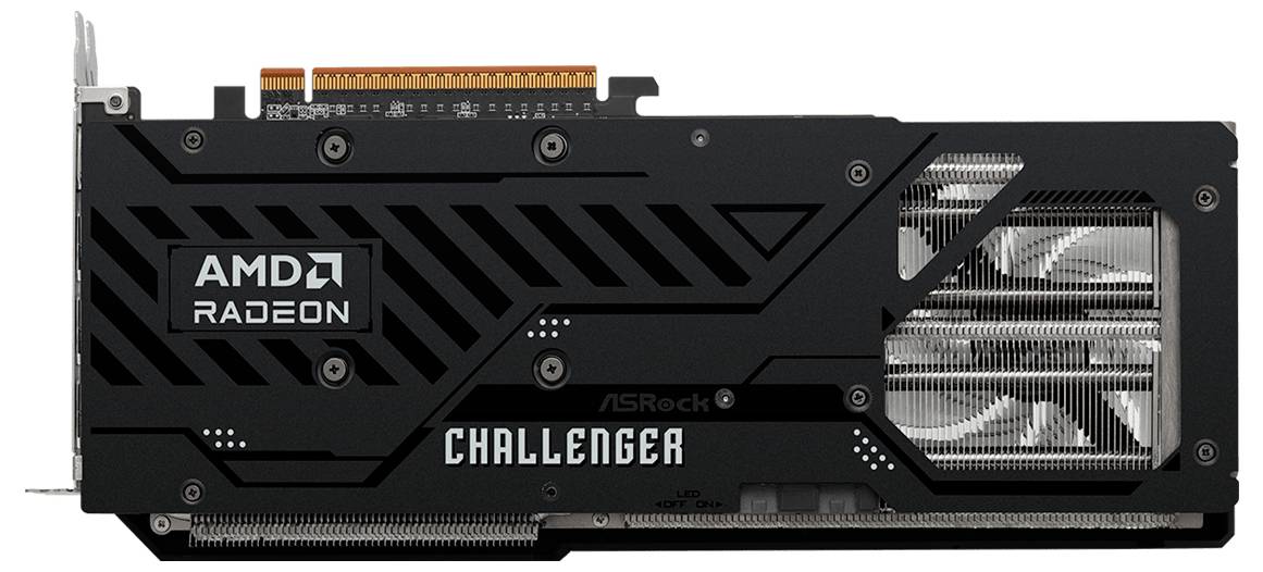 'AMD Radeon' Grafikkarte mit schwarzem Gehäuse und der Aufschrift 'CHALLENGER', zeigt Lüfter und Kühlrippen an der Seite.