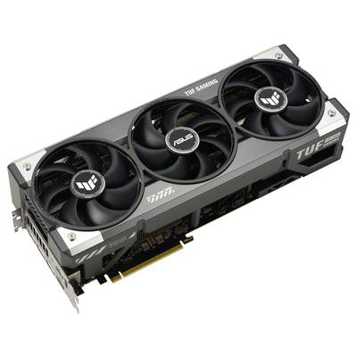 Dreifach-Lüfter-Grafikkarte der Marke ASUS TUF Gaming, schwarz mit silbernen Akzenten, für leistungsstarkes Gaming und Grafikverarbeitung.
