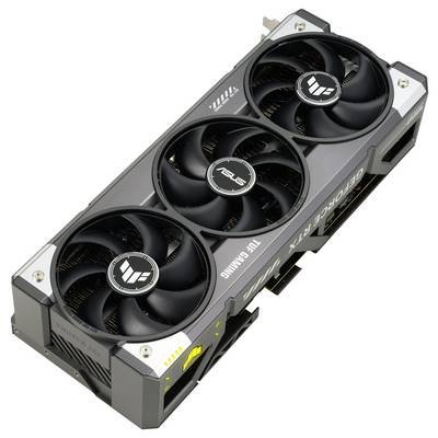 Grafikkarte mit drei Lüftern und 'ASUS' Logo, Modell 'GeForce RTX', silbernes Design, für Gaming-PCs geeignet.