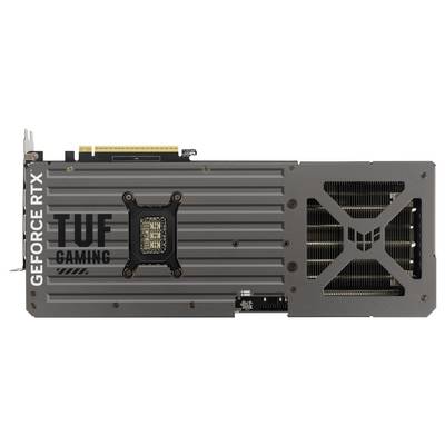 Rückseite einer Grafikkarte mit der Aufschrift 'TUF Gaming' und 'Geforce RTX', zeigt Lüfteraussparung und Anschlüsse.