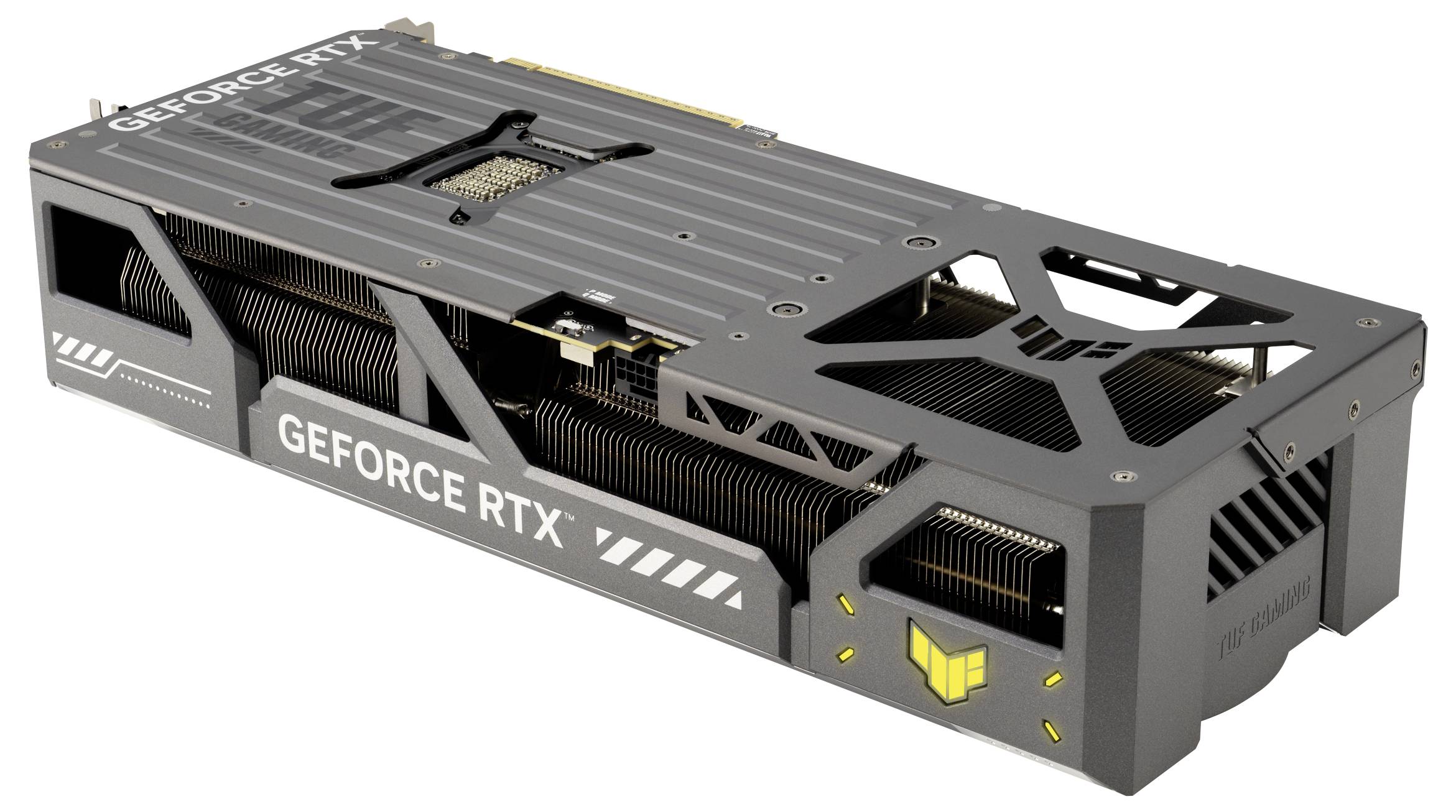 Eine schwarze Grafikkarte mit der Aufschrift 'GEFORCE RTX' auf der Seite; markantes Kühlsystem und gelbes Logo auf der Oberseite.