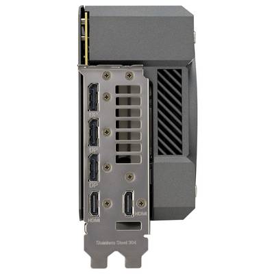 Eine Grafikkarte mit drei DisplayPort-Anschlüssen und einem HDMI-Anschluss. Das Gehäuse ist aus Edelstahl gefertigt.