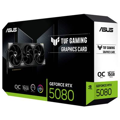 'ASUS TUF Gaming GeForce RTX 5080 OC' Grafikkartenverpackung, zeigt Design und Logos. Enthält Spezifikationen: 16 GB, GDDR7, Ray Tracing.