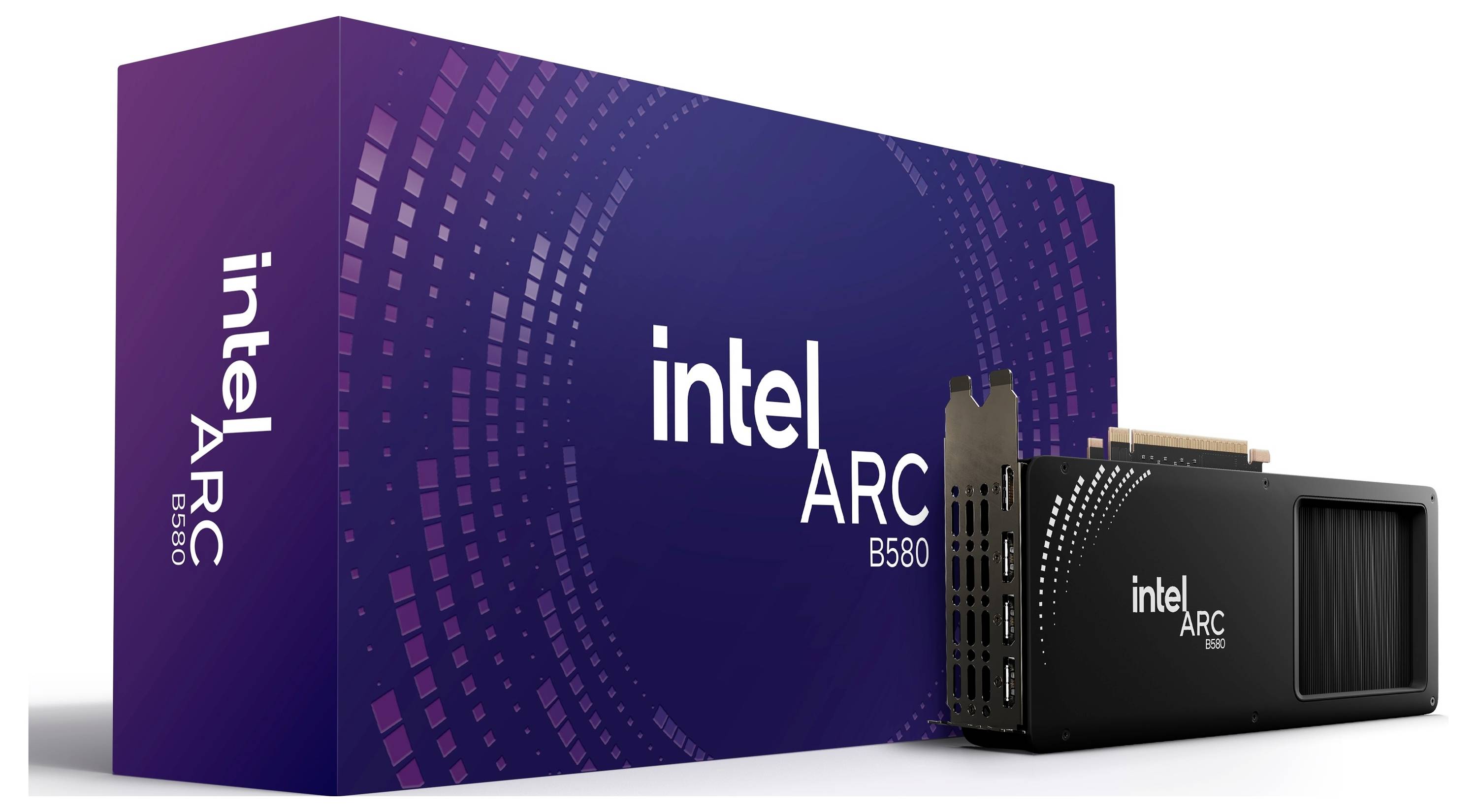 Grafikkarte mit Aufschrift 'intel ARC B580' vor passender Verpackung.