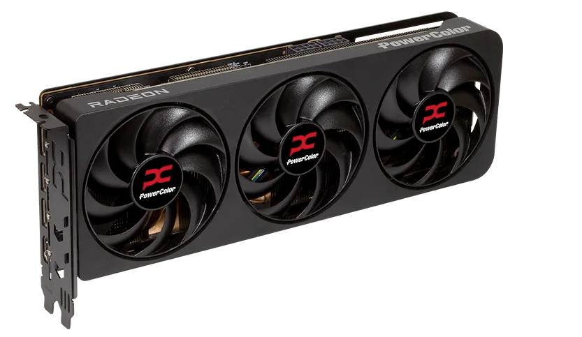 Eine schwarze Grafikkarte mit drei Lüftern, markiert mit 'PowerColor Radeon'. Sie ist für den Einbau in Computer vorgesehen.