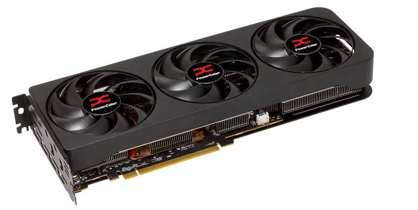 Eine schwarze Grafikkarte mit drei Lüftern in Reihe, markiert mit einem roten 'X'-Logo. Enthält Anschlüsse an der Seite.