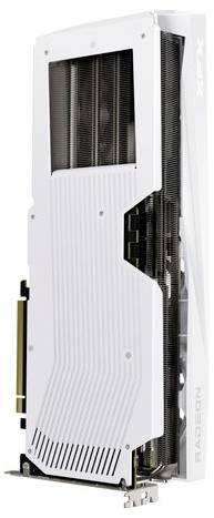 Eine weiße Grafikkarte mit Kühlrippen und der Aufschrift 'RADEON' an der Seite.