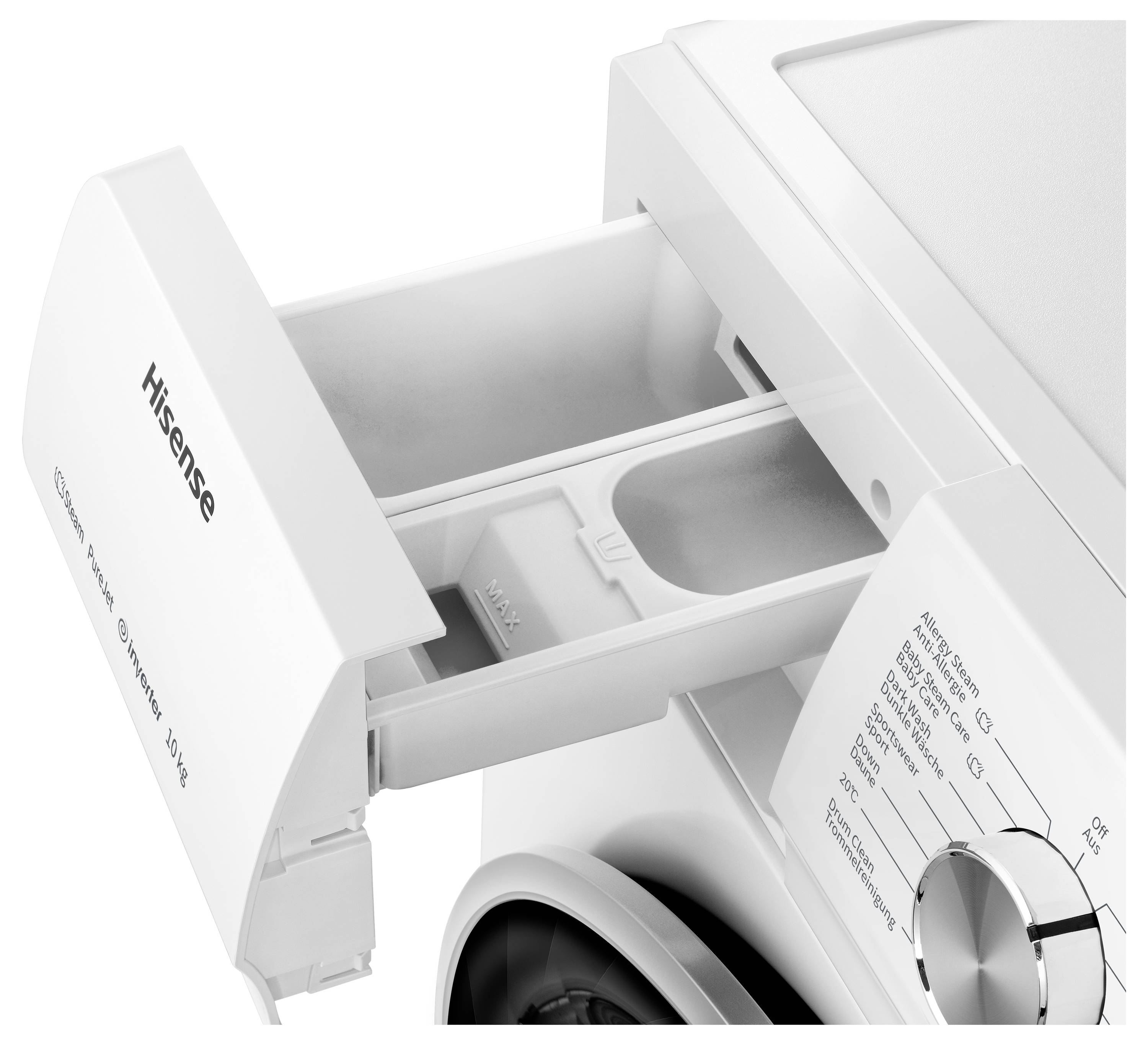 Ansicht eines herausgezogenen Waschmittelfachs mit mehreren Unterteilungen. Daneben befinden sich eine Anzeige mit mehreren Waschprogrammen und ein Drehregler. Darunter ist ein Teil des Bullauges zu erkennen.