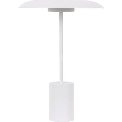 Weiße Tischlampe mit zylindrischem Sockel und flachem, breitem Schirm.