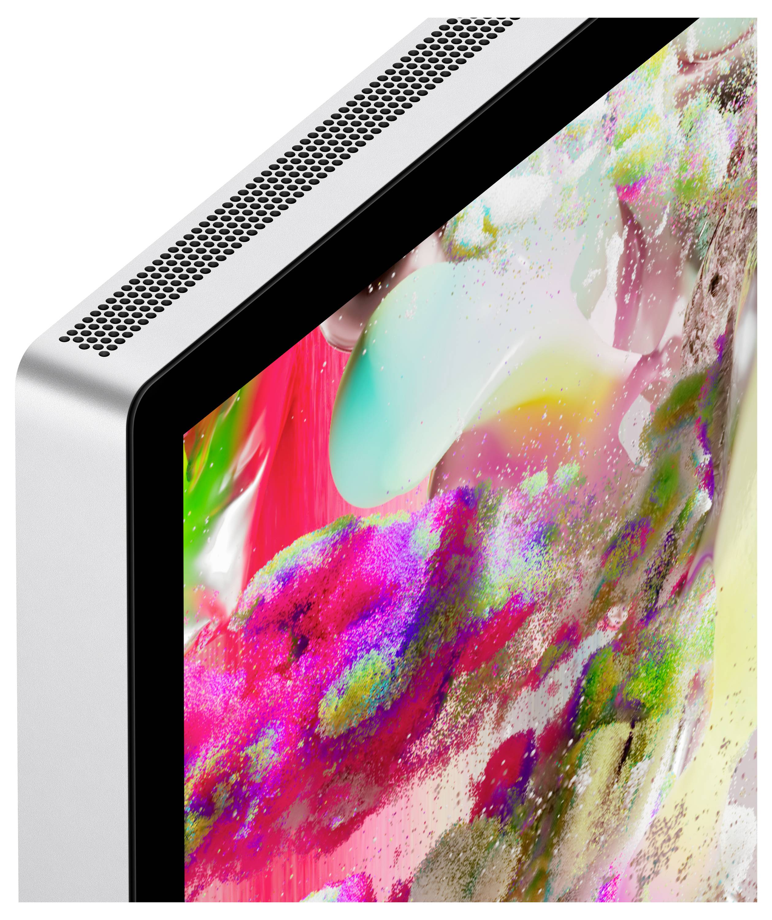 Ein moderner Computermonitor zeigt lebendige abstrakte Kunst mit fließenden Farben in Pink, Grün, Gelb und Blau auf dem Bildschirm.