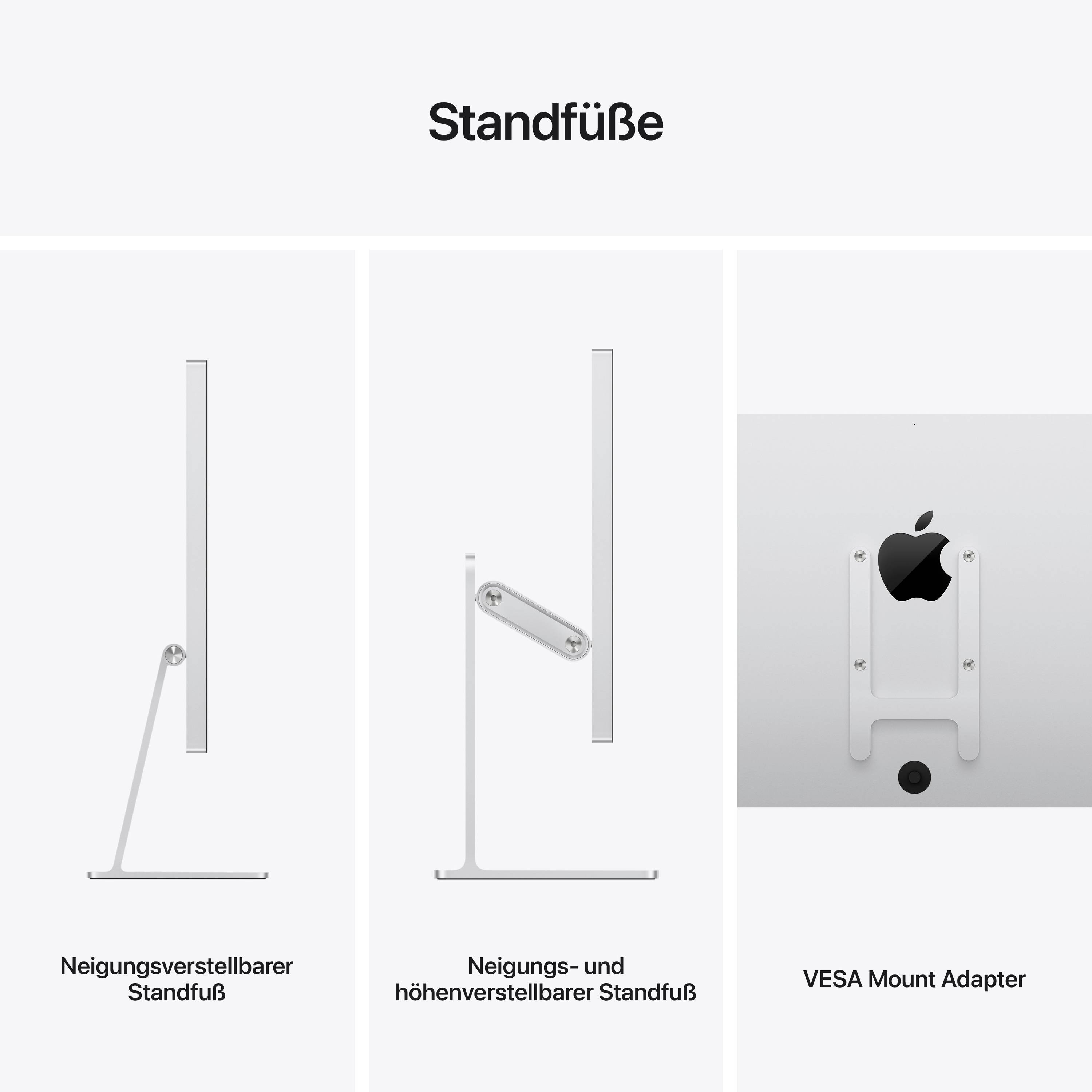 'Standfüße': Drei Bilder von Monitorständern. Links: Neigungsverstellbarer Standfuß. Mitte: Neigungs- und höhenverstellbarer Standfuß. Rechts: VESA Mount Adapter.