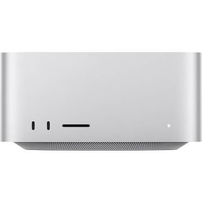 Ein silberner Computer mit minimalistischem Design, vertikale Lüftungsschlitze und ein einzelner runder Schalter.