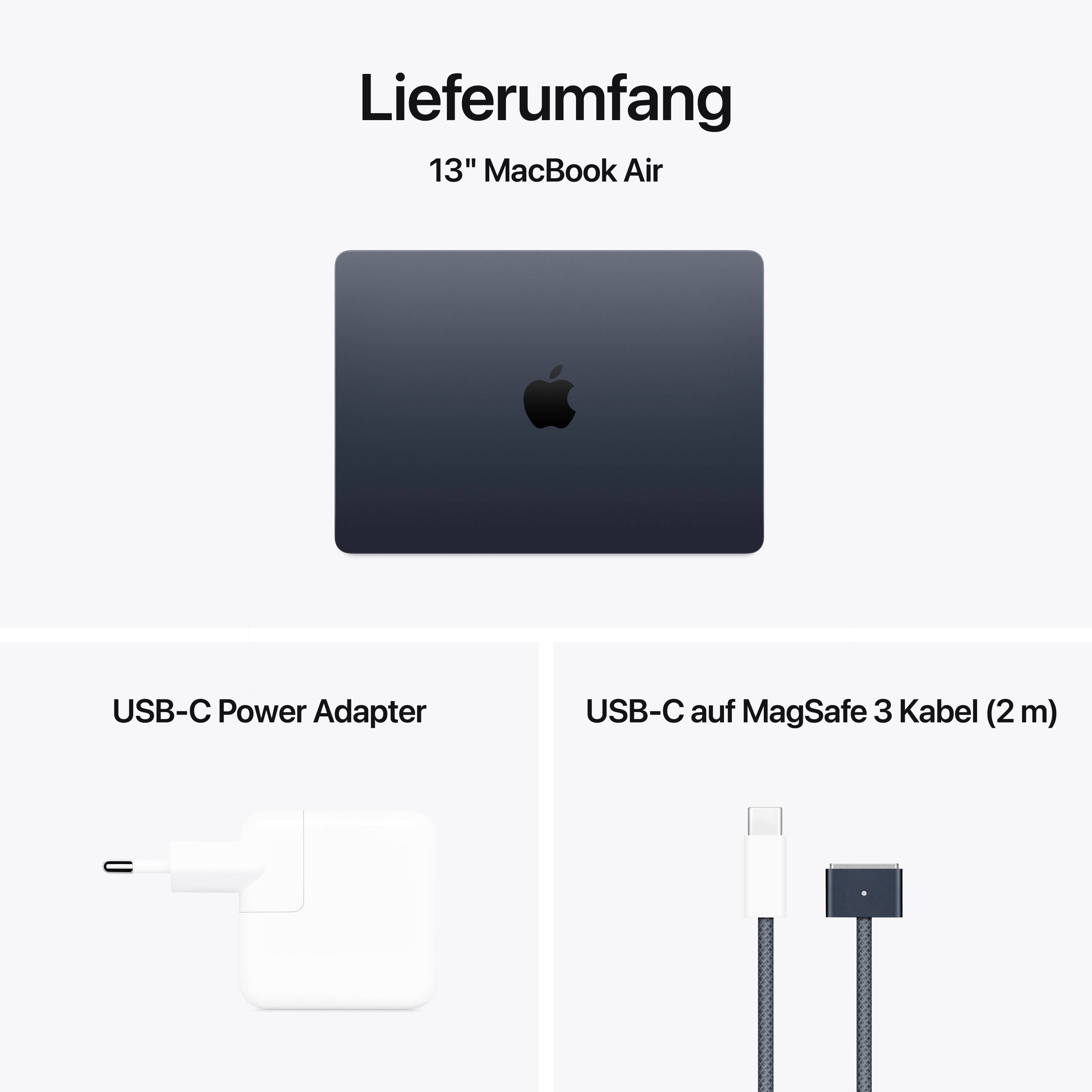 Abbildung zeigt Lieferumfang eines 13" MacBook Air: Laptop, USB-C Power Adapter und USB-C auf MagSafe 3 Kabel (2 m).