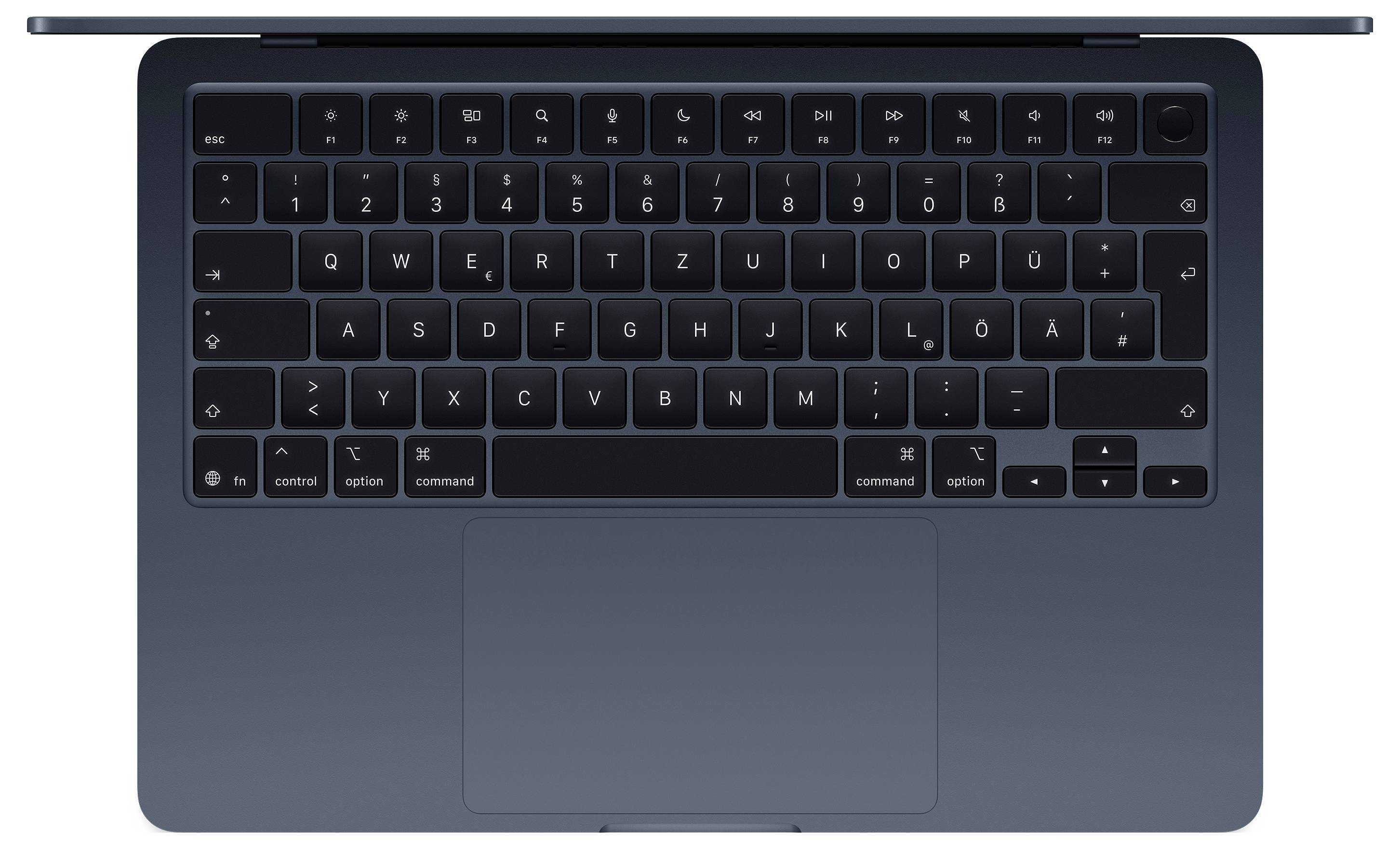 Laptop-Ansicht von oben, Tastatur im QWERTZ-Layout, schwarzes Gehäuse, geschlossenes Gehäuse, keine sichtbaren Logos oder Texte.