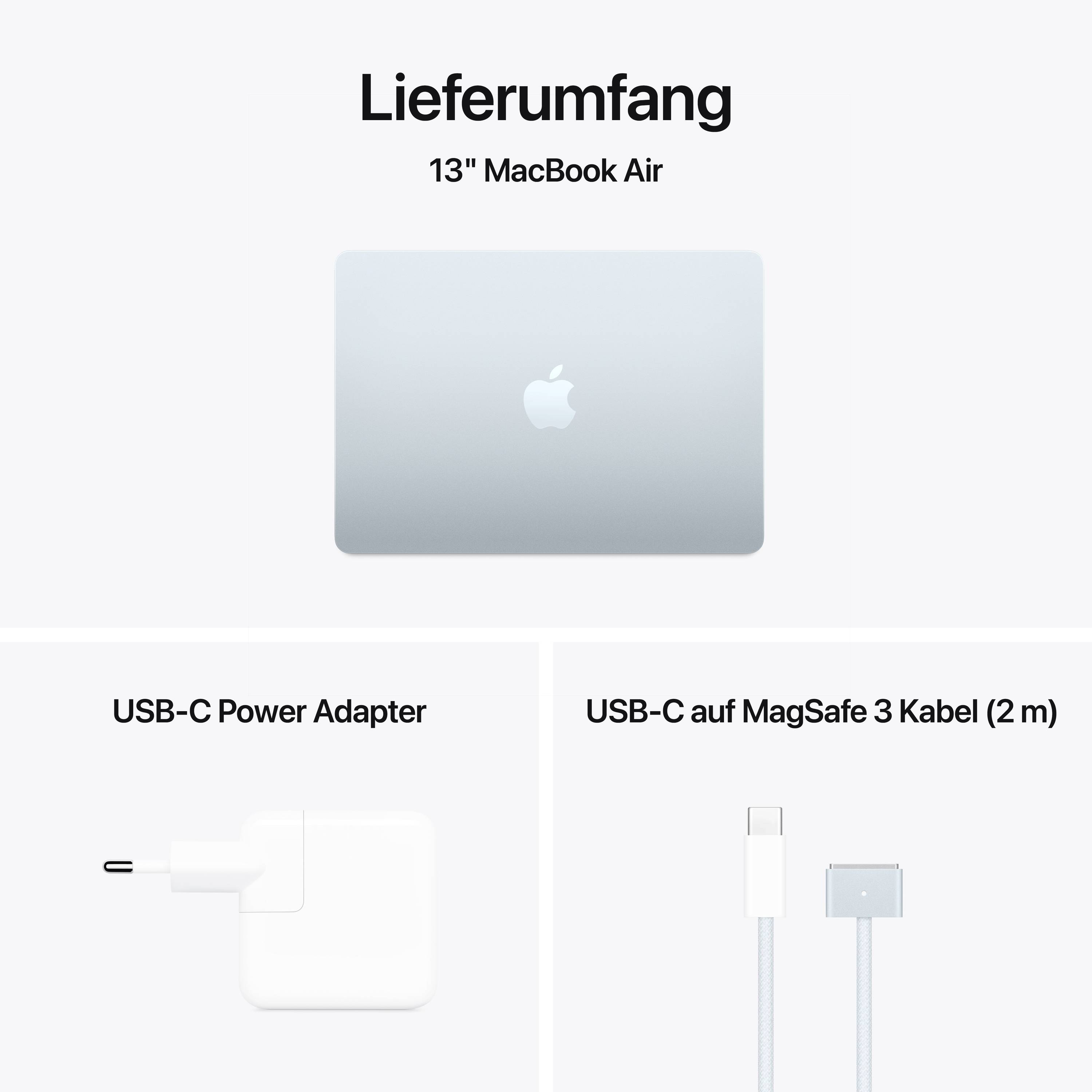 Lieferumfang des 13" MacBook Air: USB-C Power Adapter und ein 2 m langes USB-C auf MagSafe 3 Kabel.
