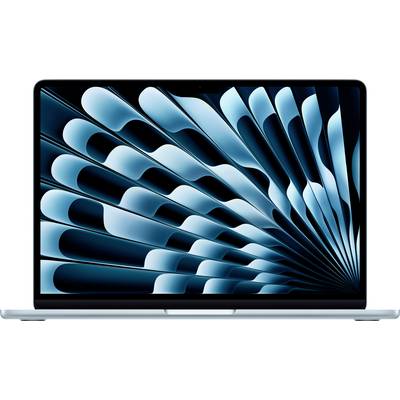 Ein geöffneter Laptop zeigt ein abstraktes Hintergrundbild in Blautönen auf dem Bildschirm.