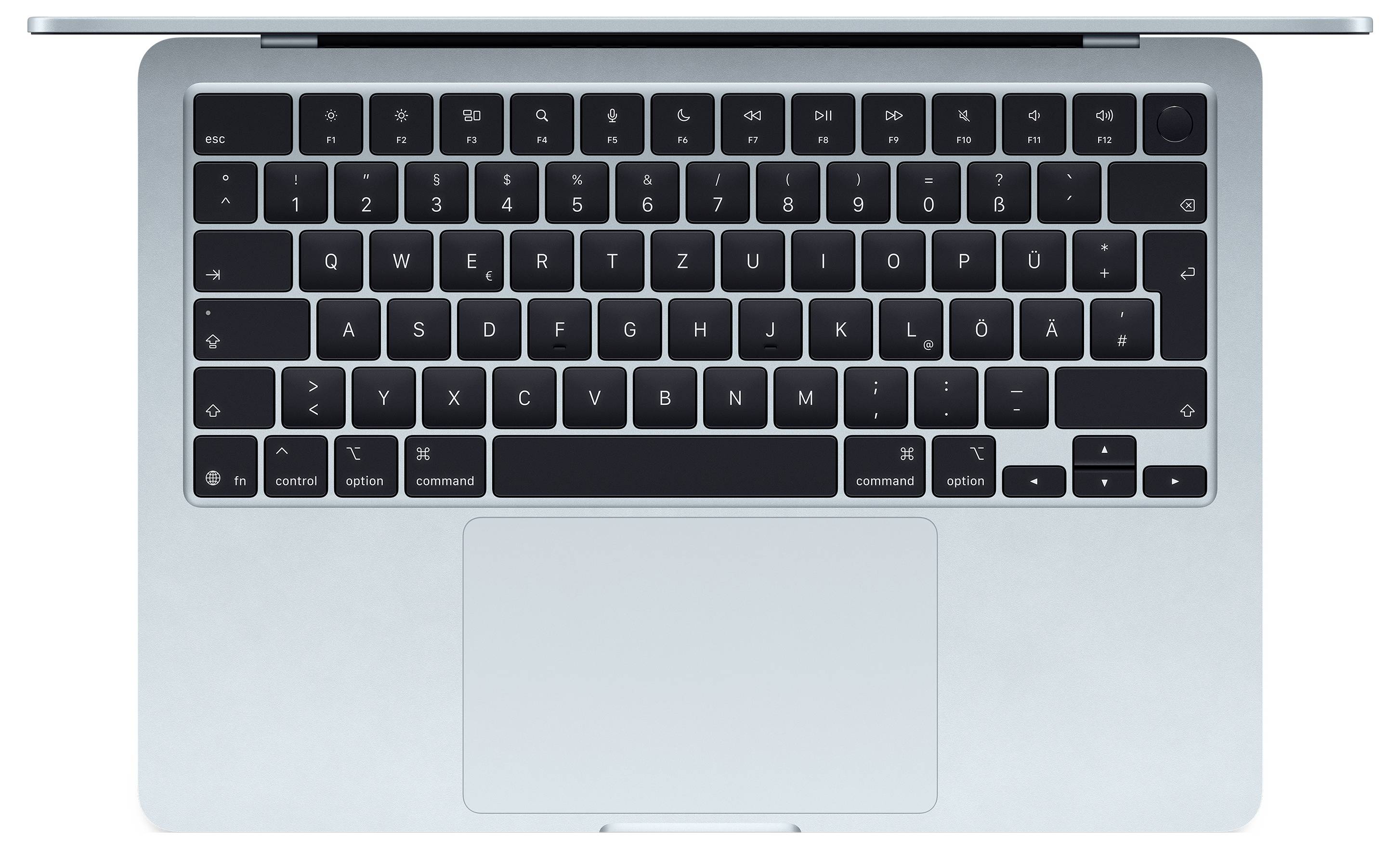 Eine Laptop-Tastatur von oben, mit deutschem QWERTZ-Layout, zeigt Funktions- und Buchstabentasten sowie ein großes Trackpad darunter.